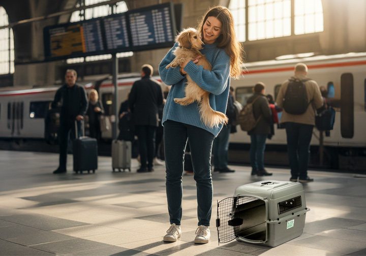 A woman holds a dog in a train station with a crate at her feet. 