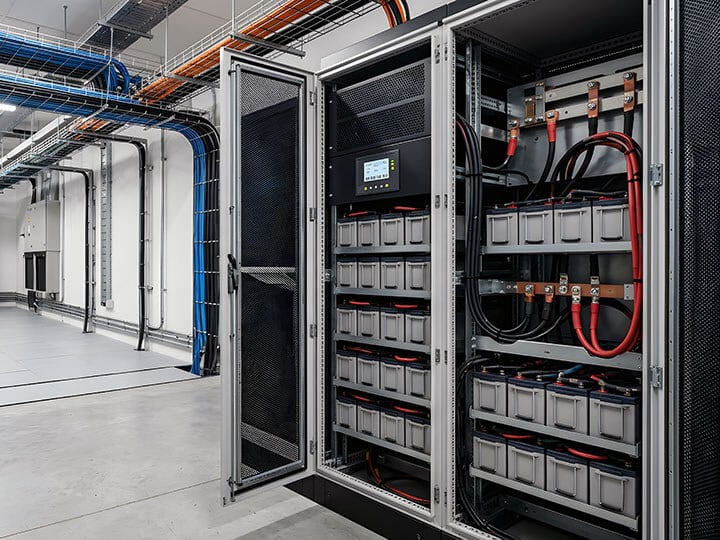 UPS battery cabinet providing backup power for mission-critical equipment in an enterprise data center.