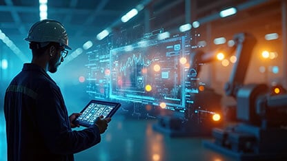 Engineer in hard hat, safety glasses controls industrial production process. Uses tablet to monitor digital data on holographic interface with graphs. 
