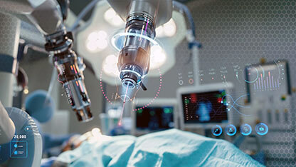 future robotic arms performing automated medical health care operation for future precision surgical robot and remote control hospital equipment as wide banner design with information hologram